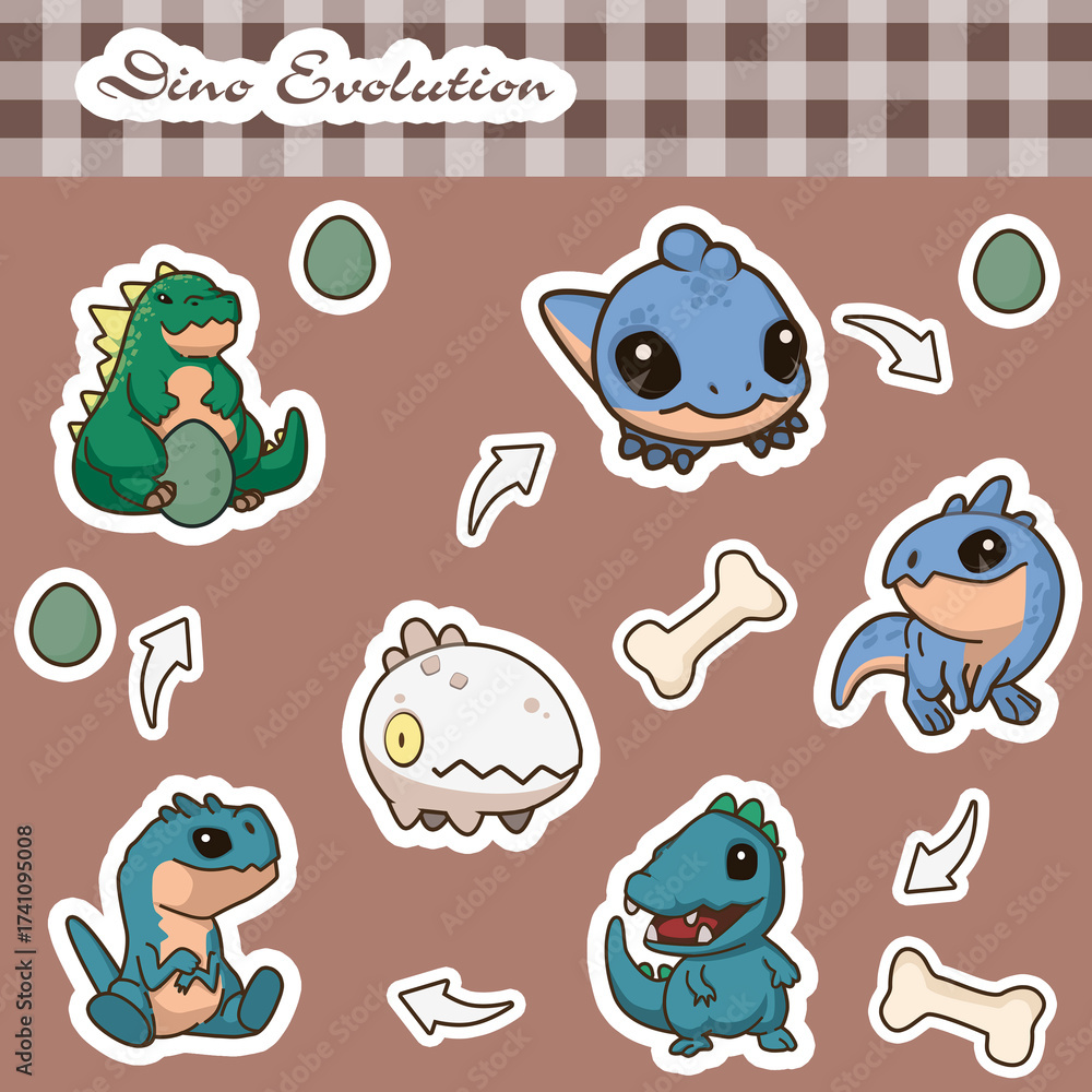 Obraz premium Collection of cute dinosaur stickers showing evolution from baby hatching in an egg to a big T-Rex. Adorable cartoon-style prehistoric character set in kawaii design, perfect for kids.