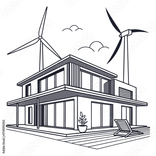 Modern house with rooftop wind turbines and deck chair