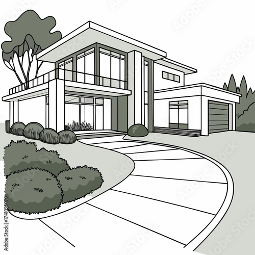 Modern mansion with driveway and trees vector illustration