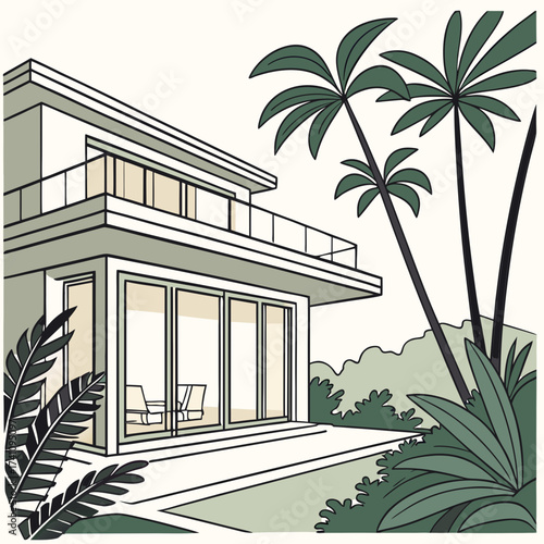 Modern villa with glass balcony and palm trees house