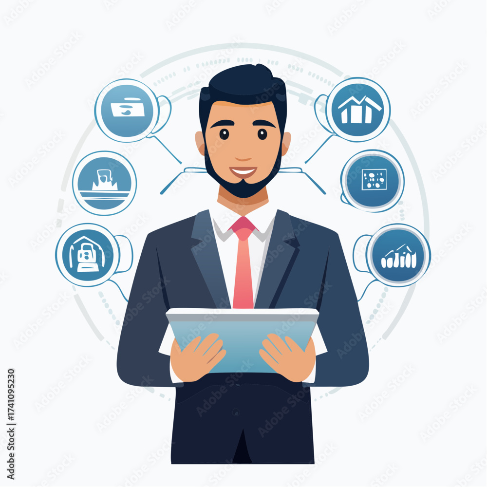 Fototapeta premium A smiling businessman in a suit holds a tablet with various business icons surrounding him on a white background in a graphic illustration.