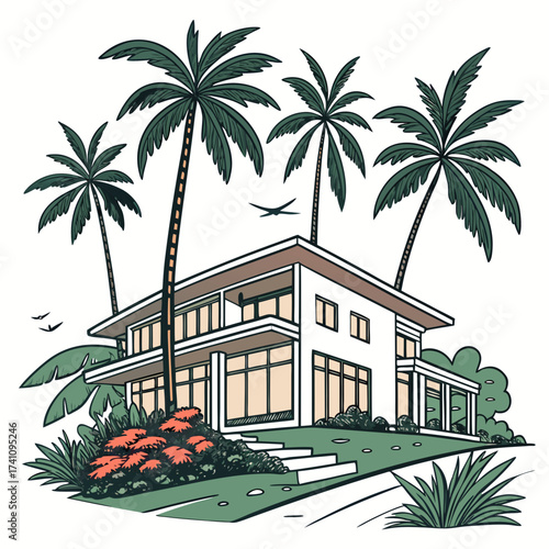 Modern villa with palm trees and tropical garden house