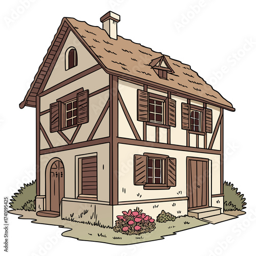 Old European half timbered house vector illustration