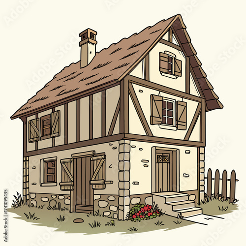 Old European timber frame house with stone foundation