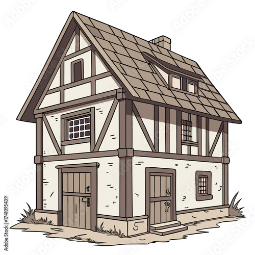 Old European timber frame house vector illustration