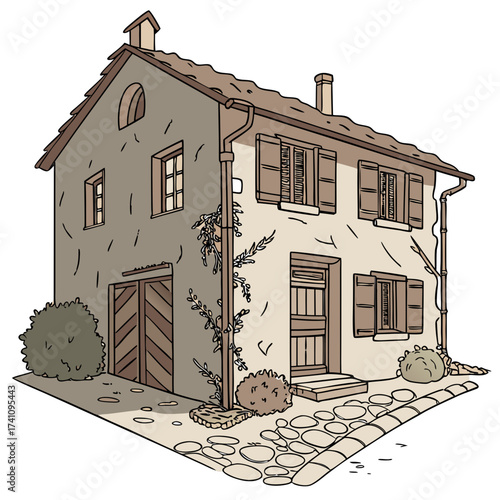 Old European village house with shutters and vines