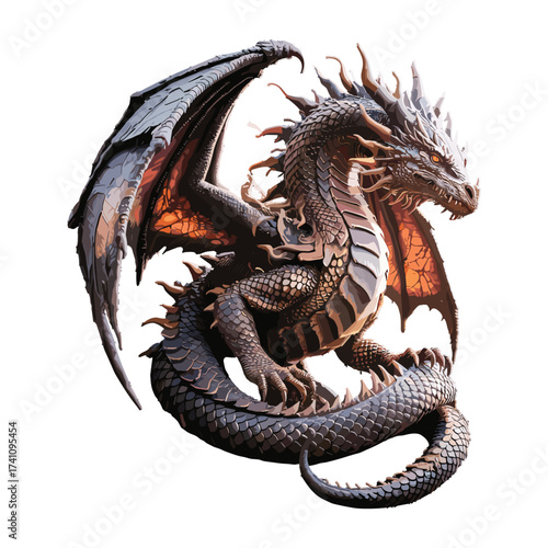 Powerful winged dragon with intricate scales and menacing spikes T-shirt Design. Fantasy beast with glowing eyes and spread wings. Mythical creature statue.