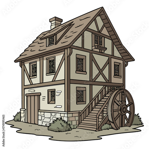 Old European watermill building with wooden wheel and stairs