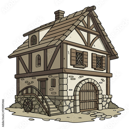 Old medieval timber framed stone house vector illustration