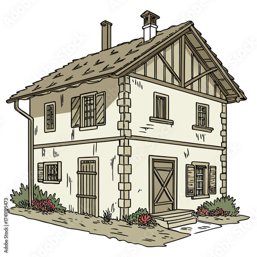Old European village house with stone accents and shutters