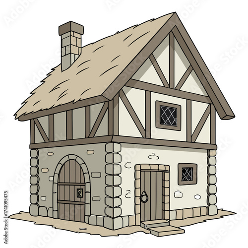 Old stone and wood medieval house with thatched roof