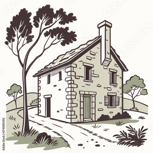 Old stone cottage with chimney and trees vector illustration