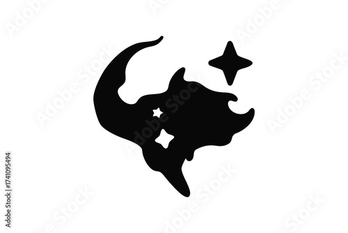 Mysterious black silhouette of a mythical creature with horns and glowing stars against a stark white background silhouette