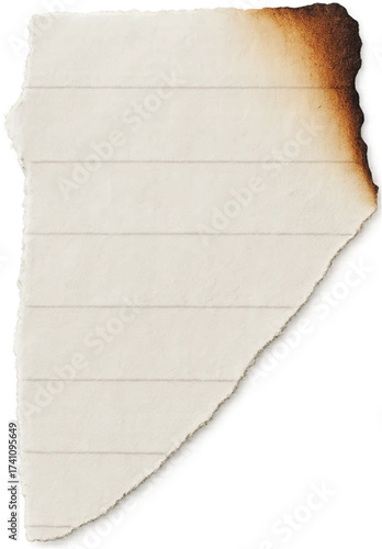 A torn and burnt piece of lined paper with a charred edge, isolated on a white background, perfect for creative projects and nostalgic themes