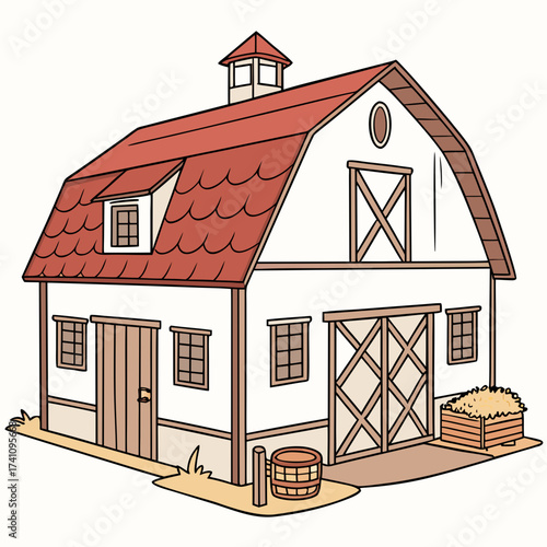 Red barn with wooden doors and windows and hay bale