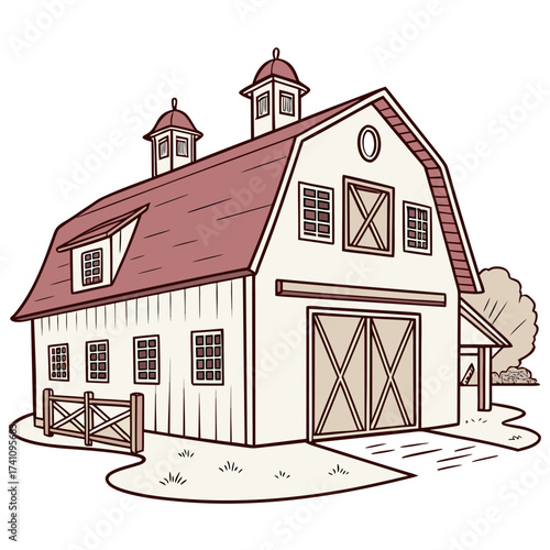 Red roof barn with cupolas and large doors vector farm