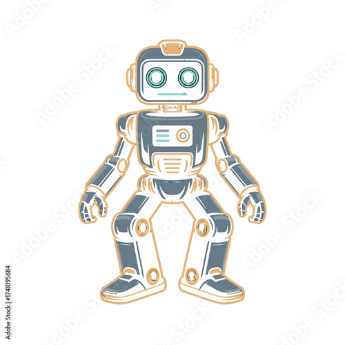 Modern friendly robot character. Cute humanoid automaton for T-shirt Design, technology brands, and kid-friendly content. Future AI concept.