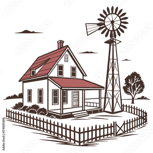Red roof farmhouse with windmill and fence vector ranch