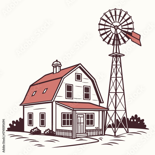 Red roof farmhouse with windmill vector illustration
