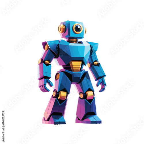 Modern robot character T-shirt Design with geometric shapes and metallic finishes. Sci-fi bot in blue and gold armor. Ideal for tech apparel.