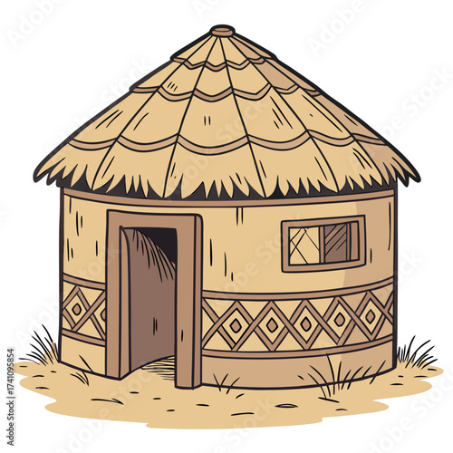 Round thatched roof mud hut with geometric pattern