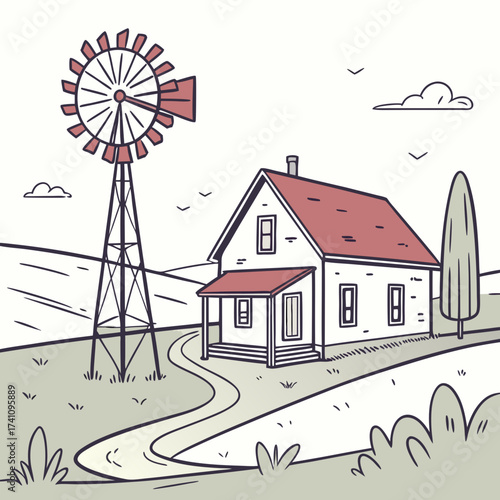 Rural farm house with red windmill and tree vector