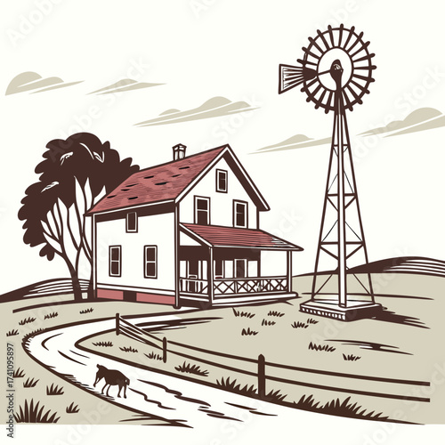 Rural farm house with windmill and horse vector illustration