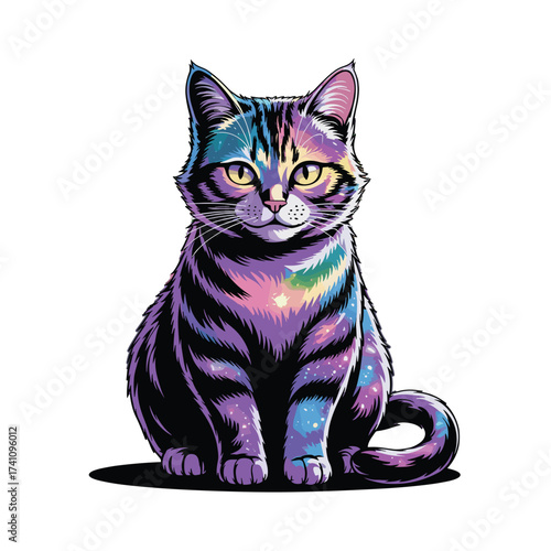 Galaxy cat T-shirt design. Cute feline pet with space pattern fur. Sitting pose. Isolated white background. Cat looking forward.