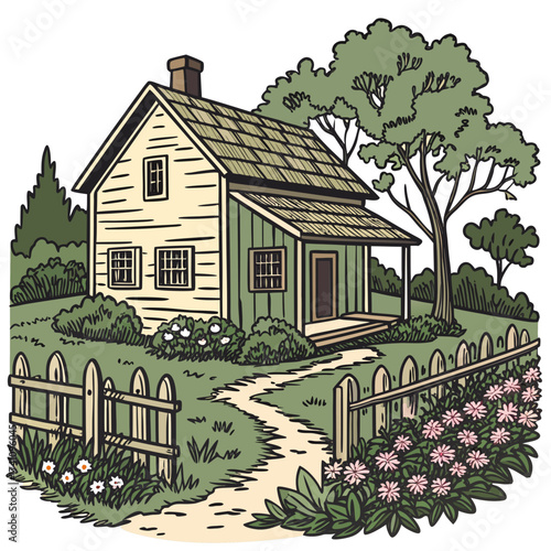 Rustic farmhouse with garden and picket fence rural