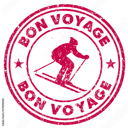 Bon voyage skier stamp showcasing winter adventure and fun