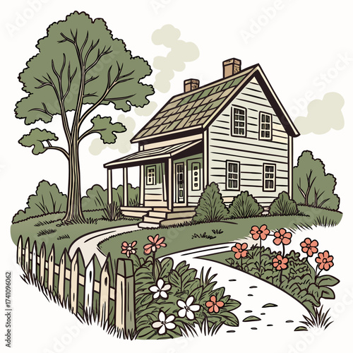 Rustic farmhouse with garden and picket fence country