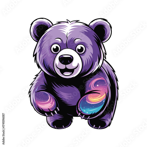 Happy walking purple baby bear, adorable animal with galaxy fur pattern. Joyful creature for merchandise, sticker, T-shirt Design.