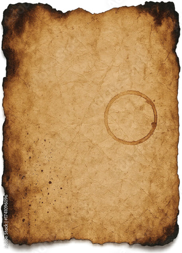 A textured background of aged, burnt parchment paper featuring rustic, distressed edges and an authentic coffee ring stain, ideal for vintage designs, antique documents, or historical themed projects