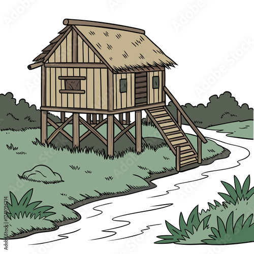 Rustic stilt house on river bank vector illustration