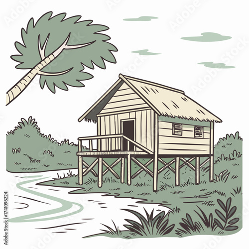 Rustic stilt house on river vector illustration wooden house