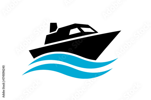 Sleek graphic illustration of a modern boat navigating calm blue waters, embodying themes of serene maritime travel, leisure, and aquatic adventure