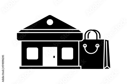 Clean and minimalist vector icon depicting a store building alongside a shopping bag, effectively symbolizing the modern retail experience, e-commerce, and the concept of consumer purchasing