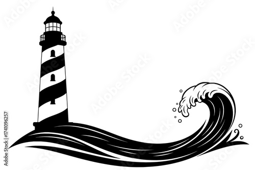Elegant monochromatic graphic of a classic lighthouse beacon providing steadfast guidance amidst a powerful ocean wave, symbolizing enduring hope and maritime resilience