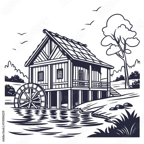 Rustic stilt house with water wheel on river vector