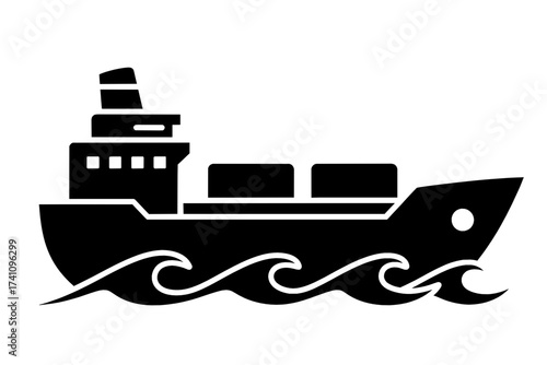 Stylized black silhouette icon of a large cargo container ship sailing on rough ocean waves, symbolizing global trade, maritime transport, and logistics