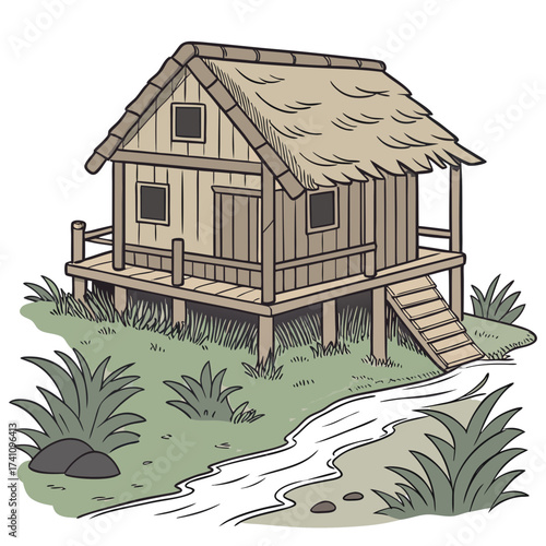 Rustic wooden stilt house on river bank vector wooden house