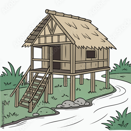 Rustic wooden stilt house with thatched roof by river