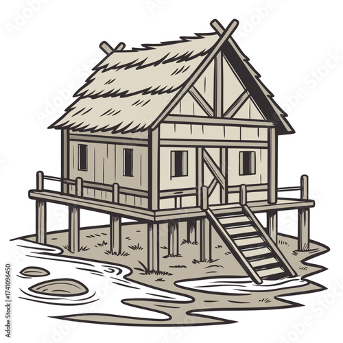 Rustic wooden stilt house on river vector illustration