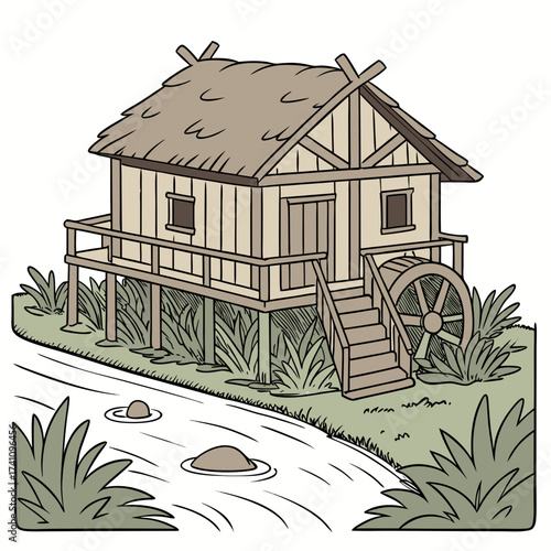 Rustic wooden stilt house with water wheel on river