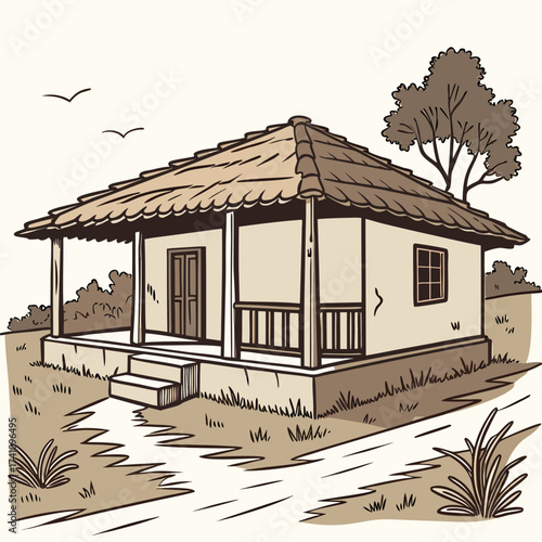 Sepia toned illustration of a traditional Indian mud hut with veranda