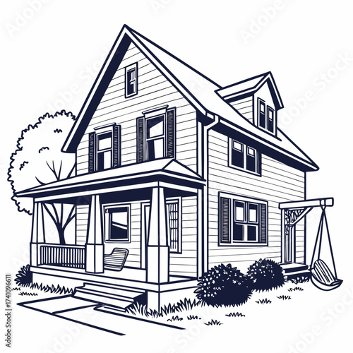 Single story suburban house with porch and swing home