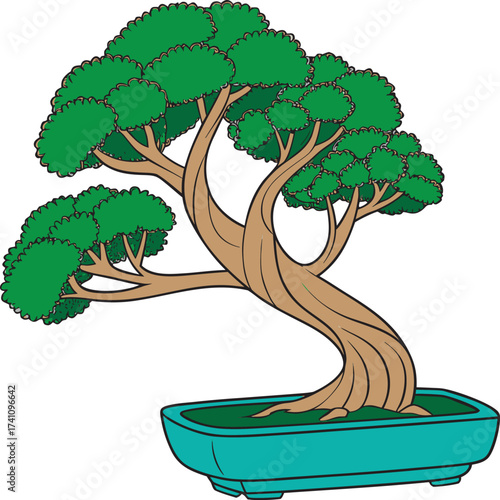 Bonsai Tree Illustration Green Decorative Plant Artistic Drawing in Pot