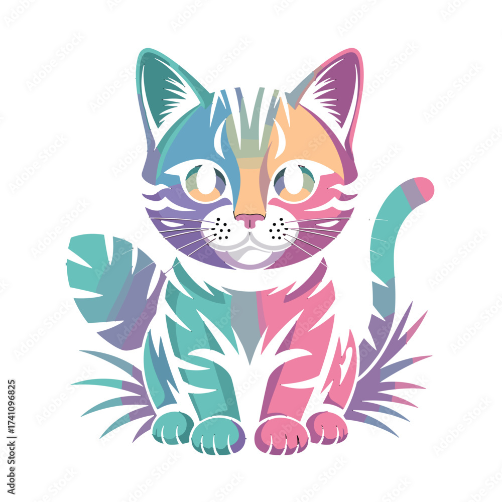 Fototapeta premium Cute kitten T-shirt Design with color block fur and charming pose. Playful domestic cat in cheerful pastel shades, perfect for apparel.