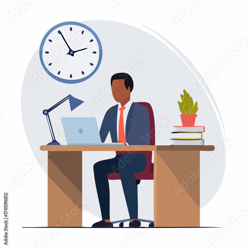 Illustration of a man sitting at a desk with a laptop, clock on the wall, and books on the side, in a simple graphic style with a professional mood.