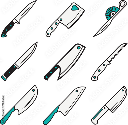 Knives Collection Icon Vector Kitchen Knives Stainless Steel Cutlery Set